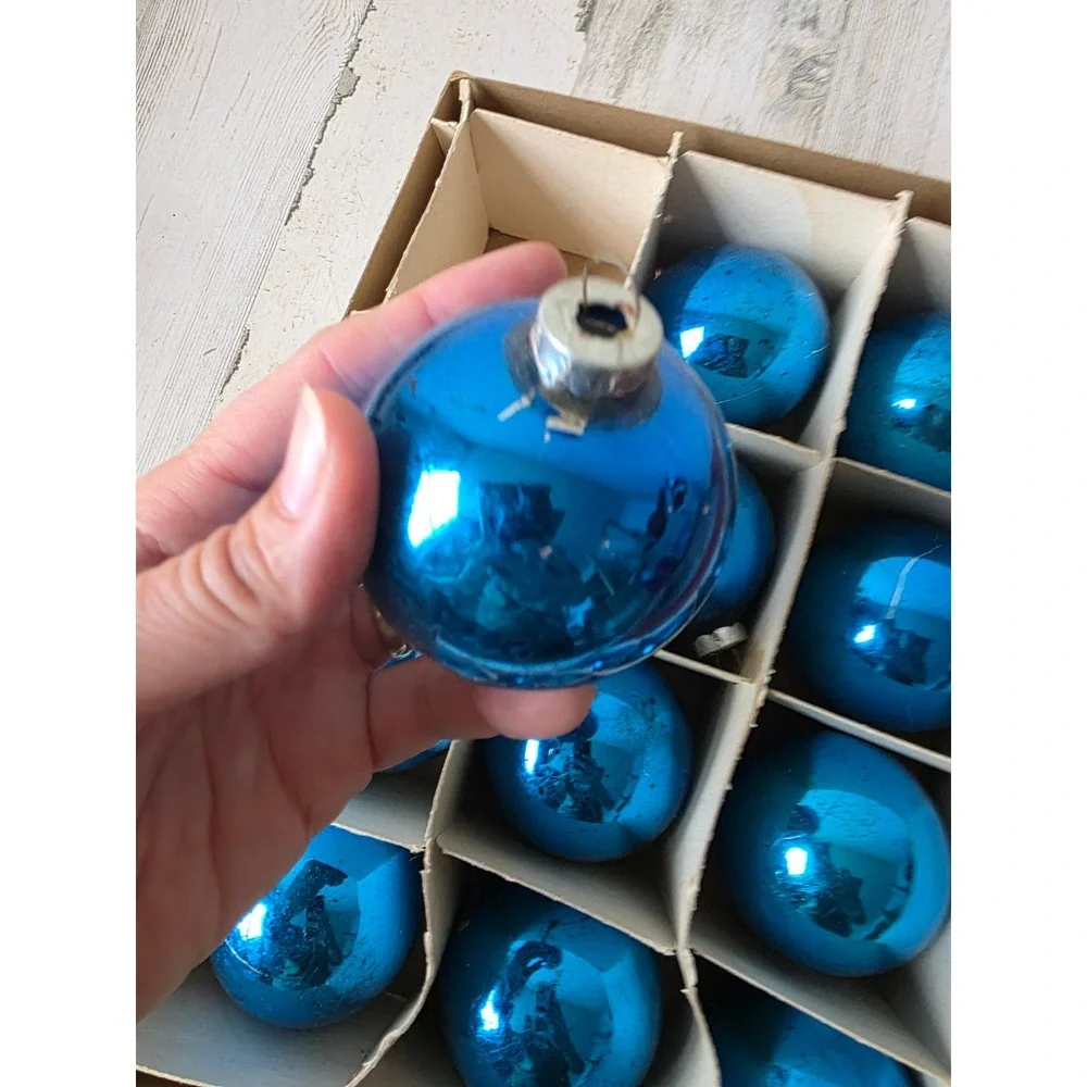 Vintage Frankie blue solid glass ornament set box Xmas tree